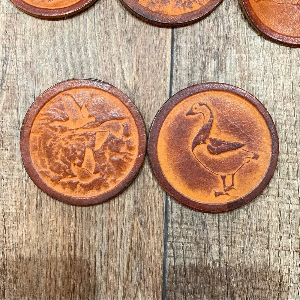 Vintage Fish Enterprises Leather Bird Embossed Drink Coasters Duck Mallard Bar